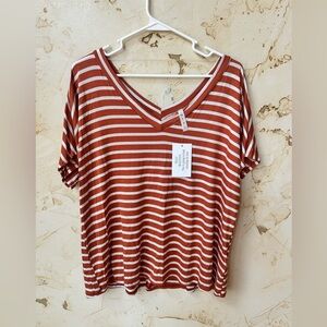 MTS Rust & Cream Striped V-Neck Top M NWT Boutique
